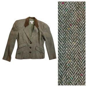 Vintage 80’s Ann Taylor Blazer Jacket Green Tweed Wool Sz 4 Leather Collar